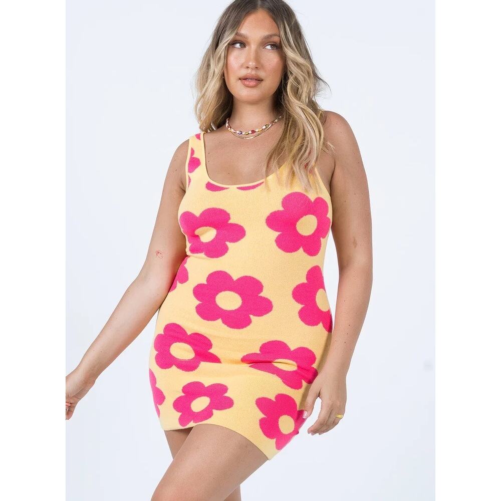 Princess Polly Yellow Floral Knit Lennon Mini Dress Women's Size Small/Medium
